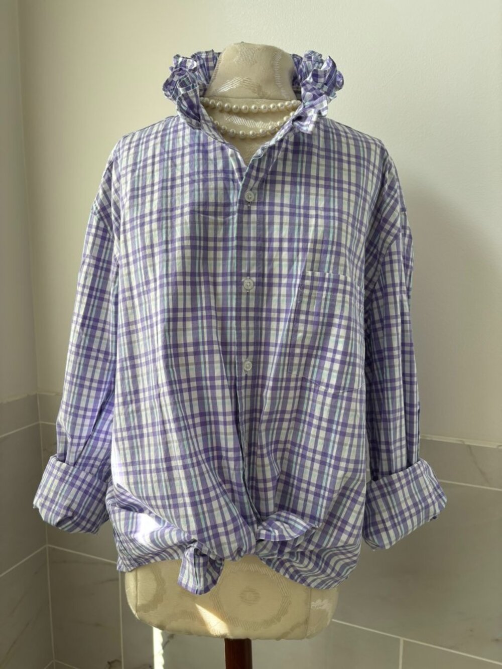 NWT Viral Reworked Upcycled J Crew Plaid Button Down Shirt Ruffle Collar L-XL